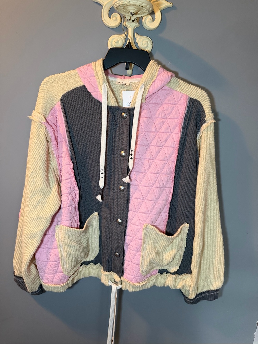 POL Colorblock Knit Jacket in Pink, Cream & Gray